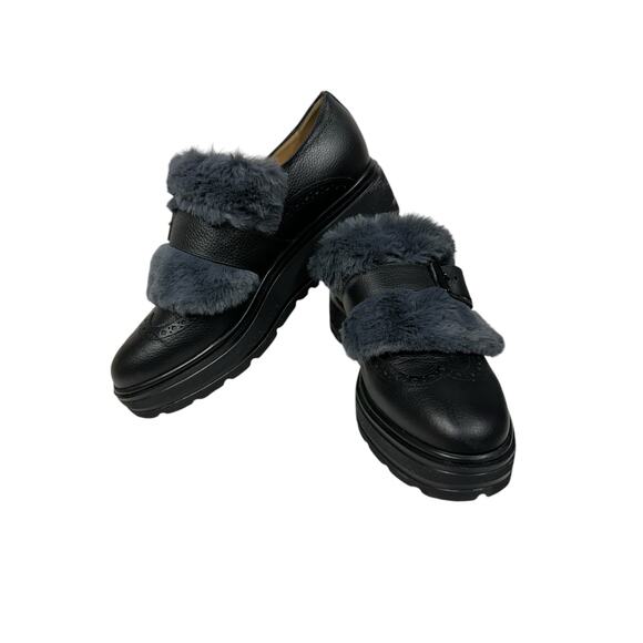 Women’s Norma J Baker Black & Gray Loafer Fur Italian Leather Shoes EU 39 US 8.5 - Picture 1 of 12